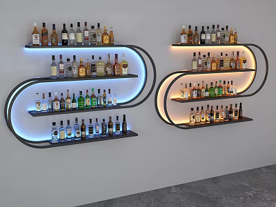 Modern Wall Mounted Wine Cabinet With Multi Tiered Shelves Blue LED Lighting And Wine Bottles 3d model