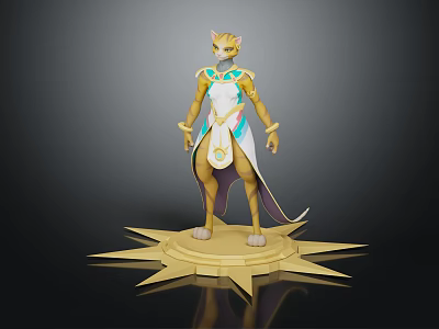 Egyptian Style Feline Creature Character Standing in White Blue Gold Attire on Star Shaped Base 3d model