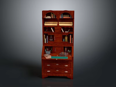 Classic Wooden Writing Desk With Bookcase Multiple Storage Drawers Books And Stationery On Top 3d model