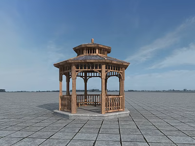 Wooden Octagonal Gazebo Structure On Open Stone Pavement With Blue Sky 3d model