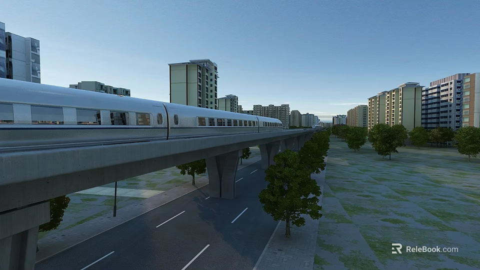High Speed Train Moving On Urban Viaduct With High Rise Buildings And Trees 3d model 