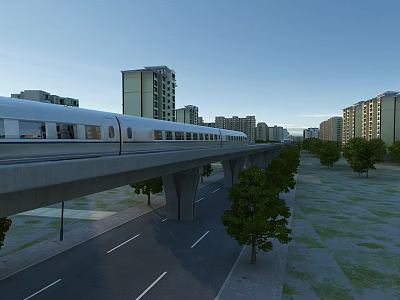 High Speed Train Moving On Urban Viaduct With High Rise Buildings And Trees 3d model