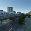 High Speed Train Moving On Urban Viaduct With High Rise Buildings And Trees
