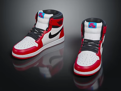 High Top Red White Black Sneakers With Blue Logo And Black Swoosh Design 3d model