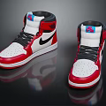 High Top Red White Black Sneakers With Blue Logo And Black Swoosh Design