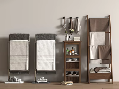 Stylish Modern Bathroom Accessories With Towel Racks Folded Towels Wooden Shelf And Toiletries 3d model