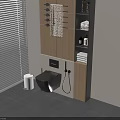 Modern Minimalist Wall-Mounted Toilet with Gray Tiled Floor Blinds Towels and Toiletries