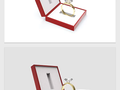 Elegant Diamond Jewelry Ring In Red Open Box With Gold Band And White Interior 3d model