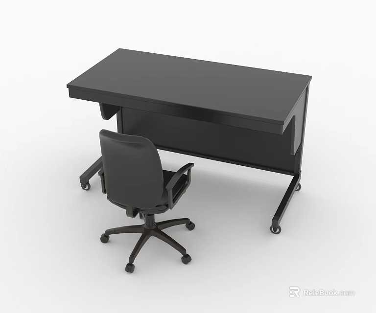 Modern Black Office Table With Rolling Wheels And Ergonomic Chair For Workspace Setup 3d model 