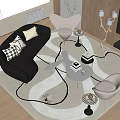 Elegant Modern Sofa and Coffee Table Set with Curved Design Pillows and Geometric Rug