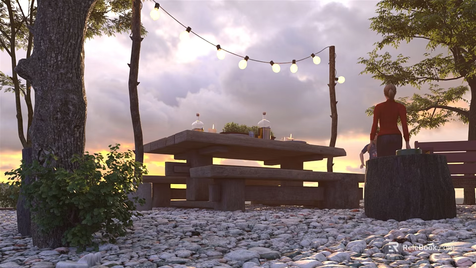 Scenic Outdoor Evening Landscape With Wooden Picnic Table String Lights Pebble Ground and Trees 3d model 