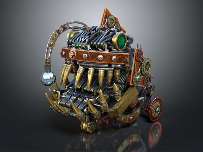Steampunk Mechanical Device With Gears Spikes Green Gem And Metal Components 3d model