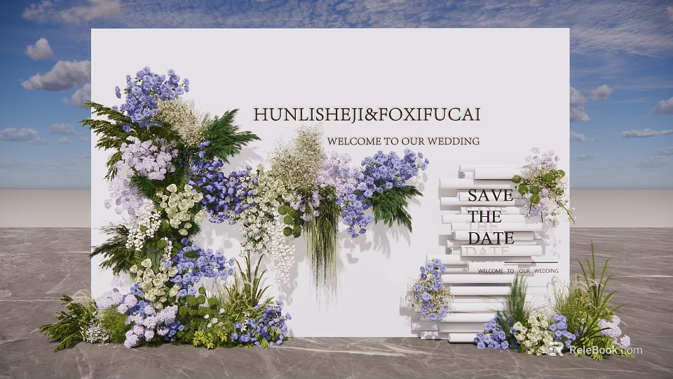 Wedding Floral Decoration With Purple White Flowers Green Foliage And Wooden Save The Date Board 3d model 