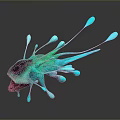 Colorful Abstract Creature With Shiny Green Blue Red Tentacles And Reflection On Gray Background