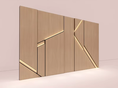 Modern Wooden Sofa Backdrop Wall With Geometric Lines And Lighting 3d model