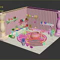 Cute Animal Figurines In Pink Striped Room With Round Decorative Structure