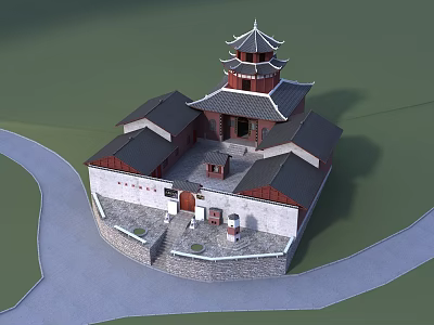 Ancient Chinese Architecture Featuring Multi Tiered Tower Traditional Roof Red Pillars and Enclosed Walls 3d model