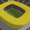 Football Stadium Featuring Yellow Curved Roof And Orange Black Seats On Green Field