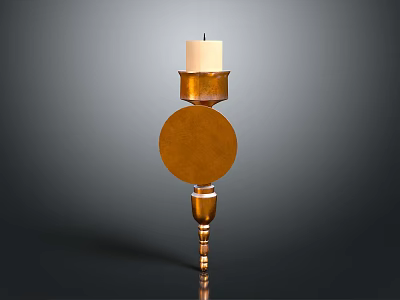 Elegant Golden Candle Holder With Round Disc Design And White Candle On Top 3d model