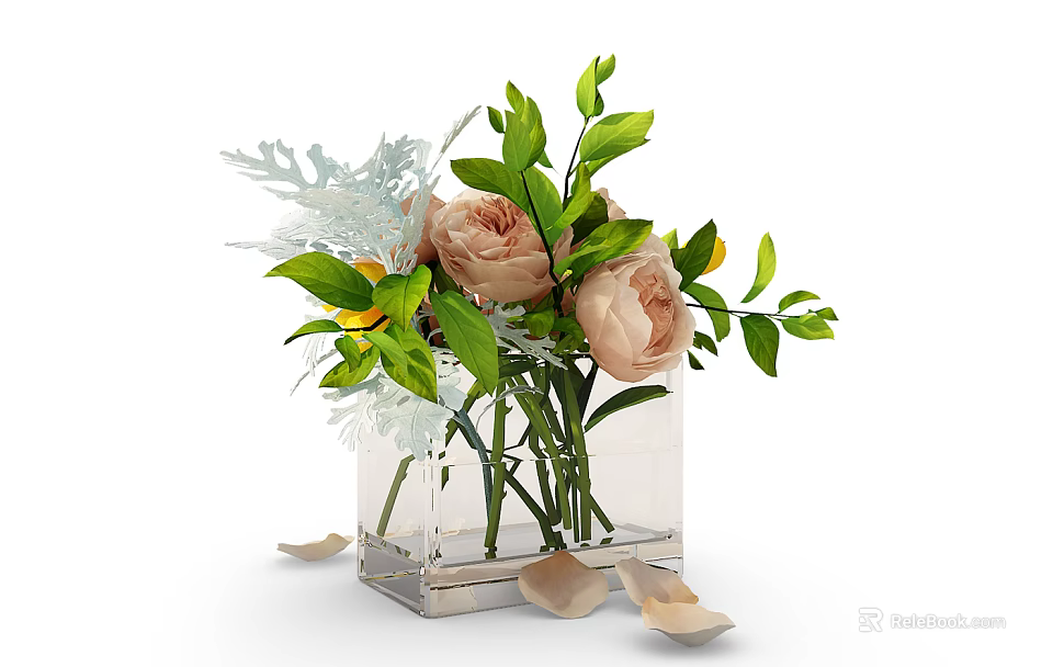 Transparent Square Vase With Pink Roses Green Leaves White Feathery Plants And Scattered Petals 3d model 