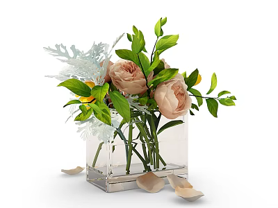 Transparent Square Vase With Pink Roses Green Leaves White Feathery Plants And Scattered Petals 3d model