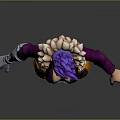 Game Movie Character With Purple Hair Blue Scarf Metallic Arm Orange Shorts Kneeling Pose