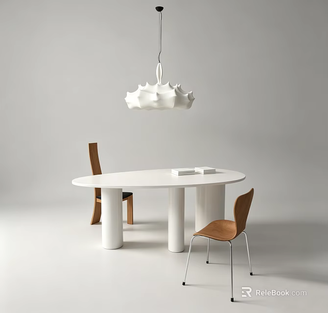 White Round Dining Table With Brown Chairs And White Pendant Light In Modern Minimalist Design 3d model 