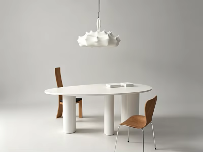 White Round Dining Table With Brown Chairs And White Pendant Light In Modern Minimalist Design 3d model