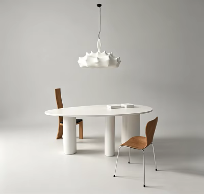 White Round Dining Table With Brown Chairs And White Pendant Light In Modern Minimalist Design 3d model