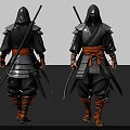 Man In Traditional Warrior Outfit With Grey Armor Orange Belt And Swords On Back