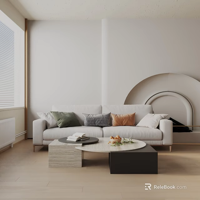 Modern Three Seater Sofa with Colorful Cushions and Coffee Table in Minimalist Living Room 3d model 