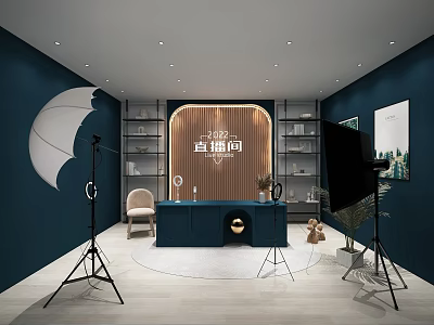Modern Live Streaming Room Interior With Dark Blue Walls Shelves And Lighting Equipment 3d model