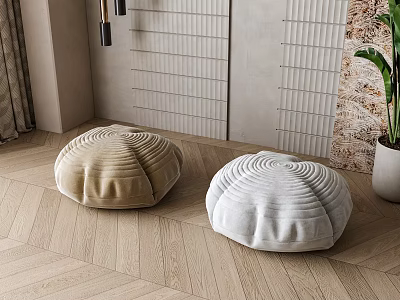 Two Round Poufs In Modern Room With Wooden Flooring 3d model