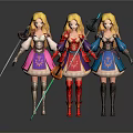 Three Blonde Women Characters Posing In Different Fantasy Costumes With Weapons