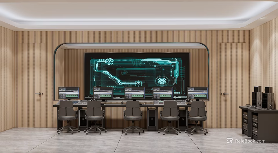 Modern Monitoring Room with Large Display Screen Multiple Monitors Control Console and Office Chairs 3d model 