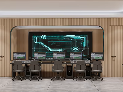 Modern Monitoring Room with Large Display Screen Multiple Monitors Control Console and Office Chairs 3d model