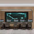 Modern Monitoring Room with Large Display Screen Multiple Monitors Control Console and Office Chairs