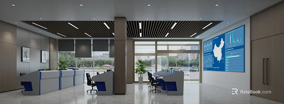 Modern Monitoring Room Interior With Workstations Computers And Large Windows 3d model 