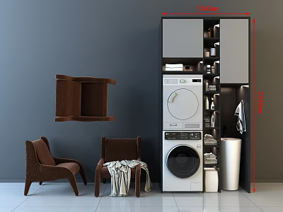 Modern Gray Bathroom Cabinet With Laundry Machine And Storage Shelves 3d model