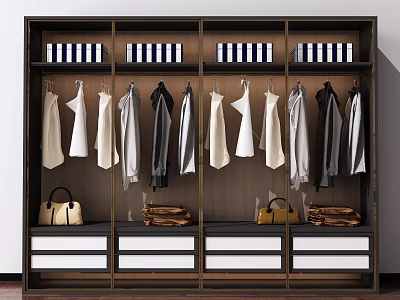 Modern Wardrobe Interior Design With Hanging White And Gray Clothes Bags And Drawers 3d model
