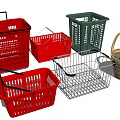 Public Shopping Baskets in Various Colors and Materials Including Plastic Metal and Woven