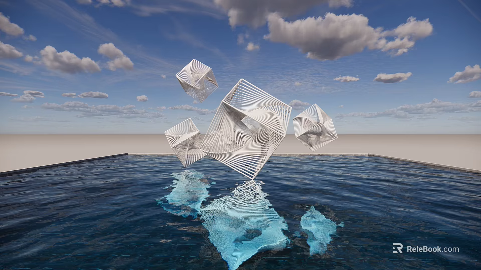 Floating White Geometric Landscape Sculptures On Water Surface With Blue Sky And Clouds 3d model 