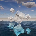 Floating White Geometric Landscape Sculptures On Water Surface With Blue Sky And Clouds
