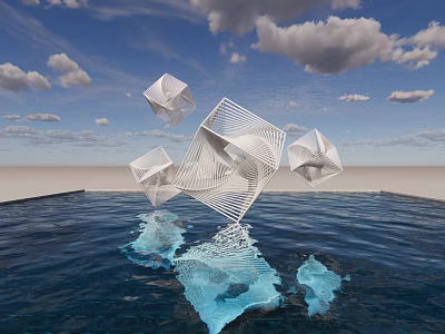Floating White Geometric Landscape Sculptures On Water Surface With Blue Sky And Clouds 3d model