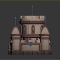 Cartoon Scene Featuring 3D Castle Towers Purple Roofs Pink and Beige Walls