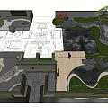 Garden Landscape Featuring Wooden Walkway Stream Trimmed Shrubs Trees And Modern Pavilion