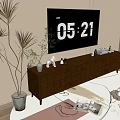 Brown TV Stand with TV and Decorative Ornaments Nearby Plant and Rug in Living Room