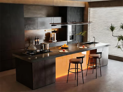 Modern Kitchen Island Bar Counter With Dark Cabinets Bar Stools And Fruits 3d model