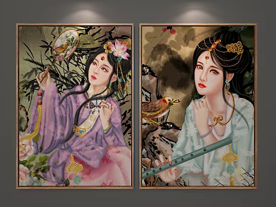 Traditional Chinese Figure Paintings Women in Classical Clothing with Fan Flute Flowers Bamboo Bird 3d model