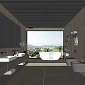 Modern Bathroom Interior With Large Window Scenic View White Bathtub Double Vanity And Wooden Countertop